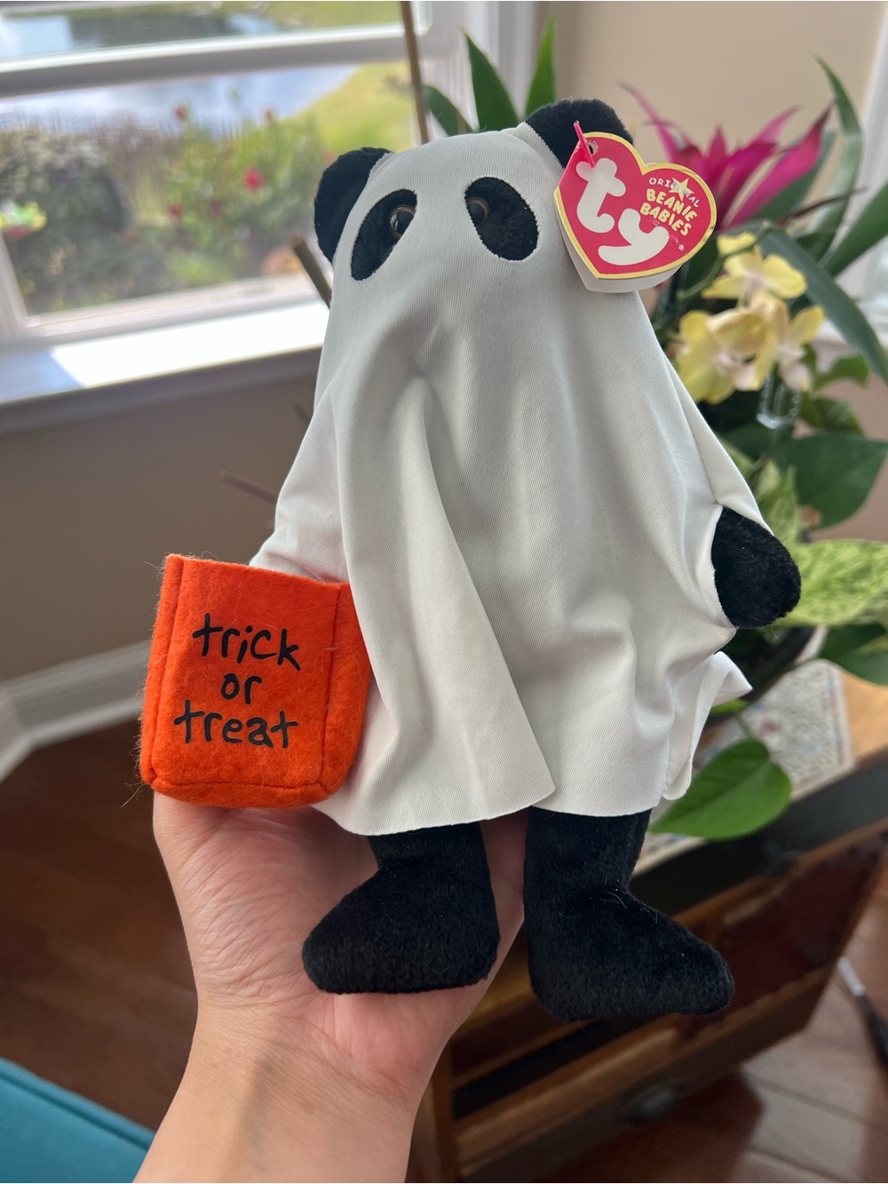 Ty Panda Beanie Baby in Ghost Costume with Orange Trick-or-Treat Bag